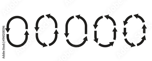 Set of five black circular process arrow symbols for business workflow management recycling and system rotation. Circular economy loops elements vector design.