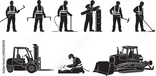 Construction worker silhouettes, heavy machinery illustration, building site vector, industrial labor design, safety gear icons, flat vector illustration, construction equipment graphic