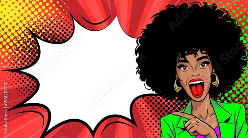 Pop Art African American Woman with Afro Hair Pointing Finger - Retro Comic Book Style Illustration with Red Speech Bubble