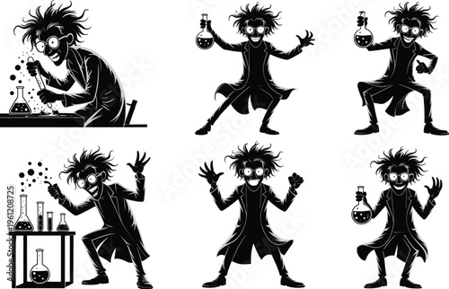 Mad scientist character silhouette set with crazy hair and glasses conducting laboratory experiments with chemicals and glass flasks for spooky science project vector.