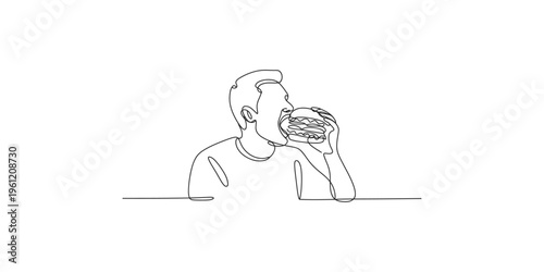 Continuous line drawing of a man eating a hamburger in one line single art burger