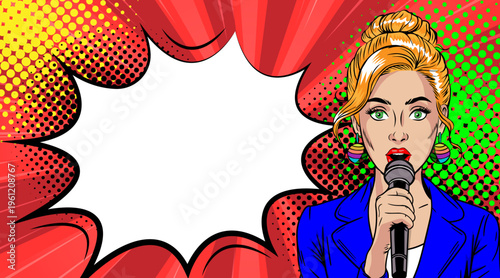 Pop Art Blonde Woman with Hair Bun Singing with Microphone - Retro Comic Book Style Illustration with Red Speech Bubble