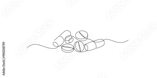 Continuous line drawing of several pills or capsules connected by a flowing line medicine pharmacy