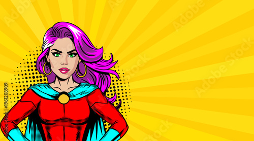 Pop Art Superhero Woman with Purple Hair in Red Costume - Retro Comic Book Style Illustration on Yellow Sunburst Background
