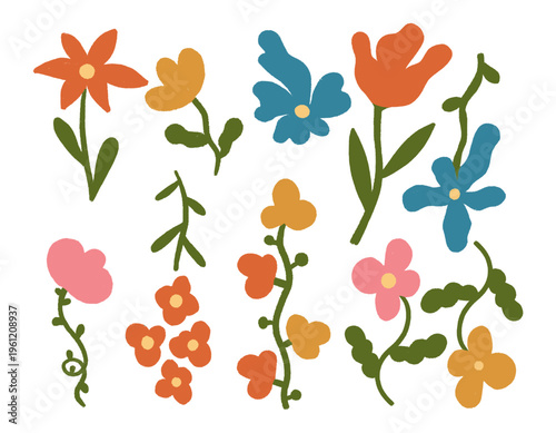 Abstract botanical drawing. Colorful flowers, pattern design for print, wallpaper, clip art. Hand drawn vector illustration. Simple cute set.