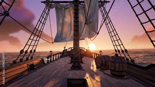 Sailing ship deck at sunset on ocean with barrels and rigging