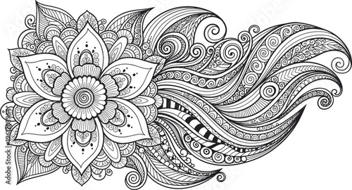 Detailed floral mandala with swirling decorative patterns, ornate henna zentangle design, geometric organic symmetry artwork, meditation relaxation drawing, flat vector illustration