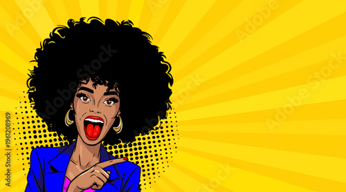 Pop Art African American Woman with Afro Hair Pointing Finger Up Excited - Retro Comic Book Style Illustration on Yellow Sunburst Background