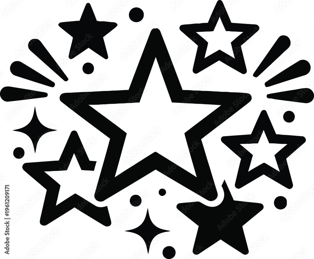 Obraz premium Group of black star shapes with diverse decorative elements on transparent background