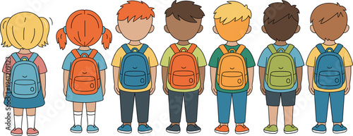 Collection of diverse school children from back view wearing colorful backpacks for elementary education learning students starting school and childhood development concept vector.