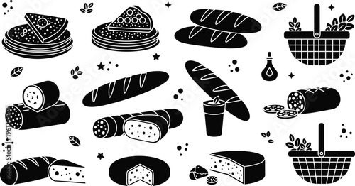 Black and White Food Icon Set Featuring Bread, Cheese, Biscuits, and Baskets