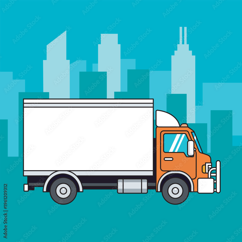 Fototapeta premium Orange Delivery Truck With Blank White Cargo Box In City Vector Illustration