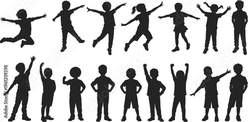 Silhouettes of happy children playing jumping and posing in diverse active stances isolated on white background for school youth community and childhood concept designs
