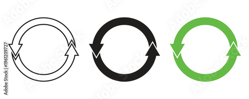 Set of three circular recycling arrow symbols in black outline and green for environmental sustainability and business process rotation. Circular economy loops elements vector design.