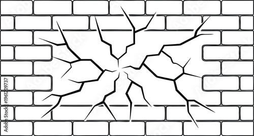 Cracked brick wall with broken bricks and fractures