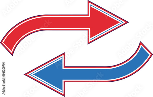 Red and blue curved arrows pointing in opposite directions red arrow blue arrow white background