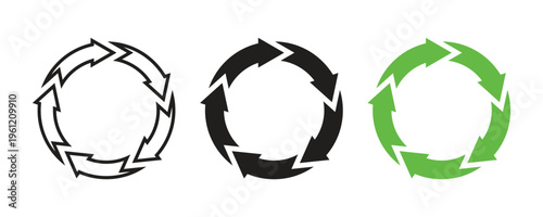 Set of three circular process arrow symbols in black outline and green for recycling sustainability environmental conservation and business workflow management. Circular economy loops vector design.