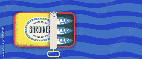 Italian sardine horizontal poster with Amalfi coast vibes. Summer Mediterranean design featuring blue waves, seafood illustrations and retro Italian patterns for kitchen art.