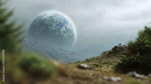 Two explorers gaze at a giant planet looming over a misty mountain landscape
