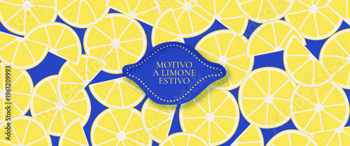 Mediterranean citrus pattern with yellow fruits on blue accents. Summer Italian coast design featuring botanical elements and vintage Amalfi Coast aesthetic. Italian text translate: Summer lemon motif