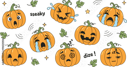 Cute Halloween pumpkin emotions set kawaii faces crying laughing sleepy expressions autumn vector illustration for kids design