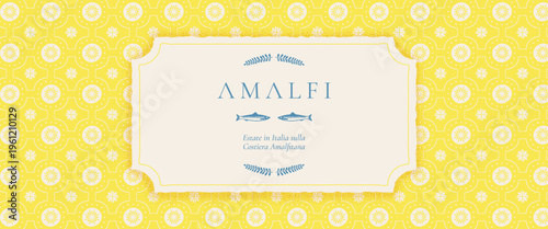 Mediterranean yellow tile pattern with Italian lemon motifs and mosaic borders for summer designs, Amalfi coast inspired vintage floral banner. Italian text translate: Summer in Italy on Amalfi Coast.