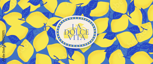 Italian lemon Amalfi Coast summer vibes illustration. Mediterranean pattern design yellow citrus elements and botanical lemon branches on vintage blue background. Italian text translate: Sweet life