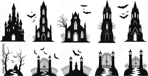 Halloween haunted castles and gates silhouettes set spooky gothic buildings bats vector illustration collection dark night design