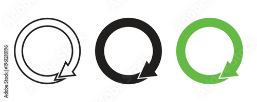 Set of three circular reload and recycle arrow symbols in black outline and green for environmental sustainability and website interface update. Circular economy loops elements vector design.
