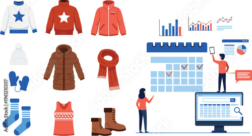 Professional vector set featuring business teams collaborating in offices, data analysis on mobile screens, environmental water conservation concepts, and festive Christmas trees