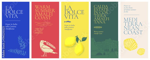 Mediterranean summer vibes vertical banners. Retro Italian lemons, olives and seagull. Amalfi coast pattern for invitations. Italian text translate: The sweet life, Summer in Italy on Amalfi Coast.