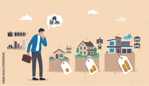 House is for the of in to go mortgage affordability calculation, picking new home base on budget,to income or lifestyle concept, businessman hand wisely think to picking different variant houses with
