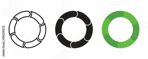 Set of three circular segmented loop symbols in black outline and green for business process cycles recycling and sustainability management. Circular economy loops elements vector design.