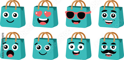 Cute shopping bag character set with various facial expressions for retail marketing ecommerce sales promotions and social media stickers.
