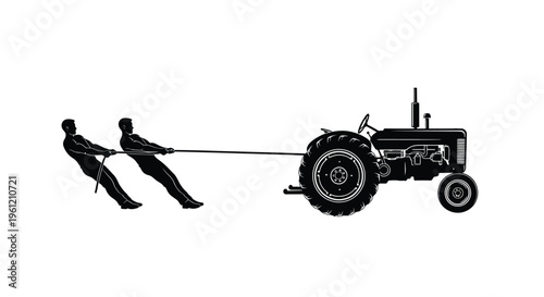 Men pulling a vintage tractor with a rope black and white silhouette