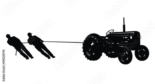 Farmers pulling a vintage tractor with a rope striking black silhouette