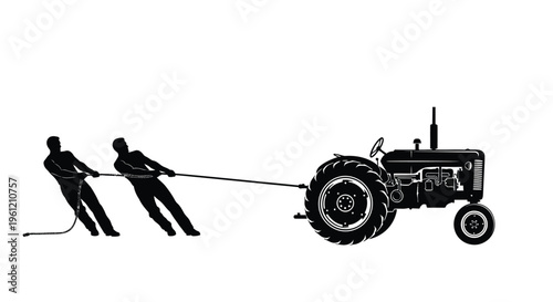 Two men pulling a vintage tractor with a rope black and white silhouette