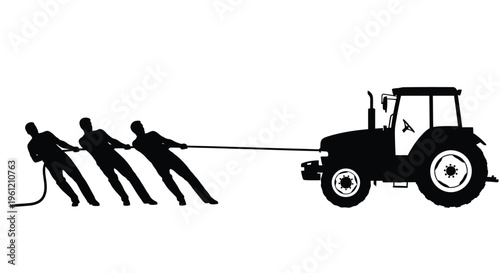 Men pulling a tractor with a rope a striking black silhouette