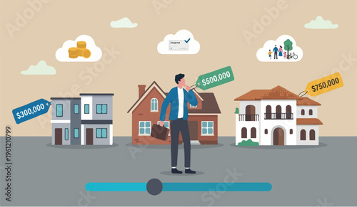 House or ismortgage affordability calculation, picking new home base on budget, income or lifestyle concept, businessman hand wisely think to picking different variant houses with price tag