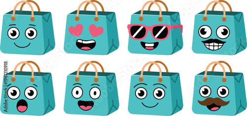 Cute shopping bag character set with various facial expressions for retail marketing ecommerce sales promotions and social media stickers.