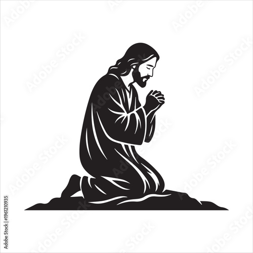 Jesus Christ Kneeling and Praying Silhouette Vector Illustration