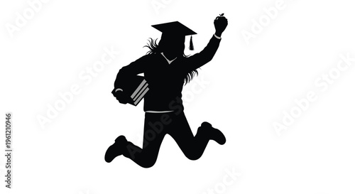 Jumping graduate with diploma and apple celebrating success a dark silhouette