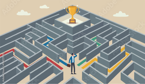 Path way to achieve target or goal and win trophy, solve problem or business decision concept, contemplation businessman finding the way in labyrinth to reach target