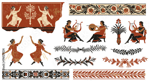 Etruscan Wall Painting Elements and Ancient Italian Fresco Vector Borders