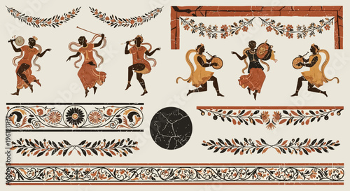 Etruscan Wall Painting Elements and Ancient Italian Fresco Vector Borders
