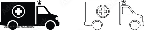 Ambulance emergency vehicle icons, medical transport truck vector set, black silhouette and outline first aid van for healthcare apps