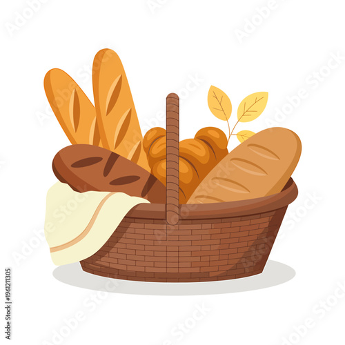 Cartoon brown wicker basket with bread baguette and towel isolated on white background