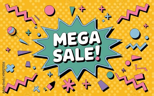Colorful mega sale advertisement with geometric shapes and bold text on yellow background