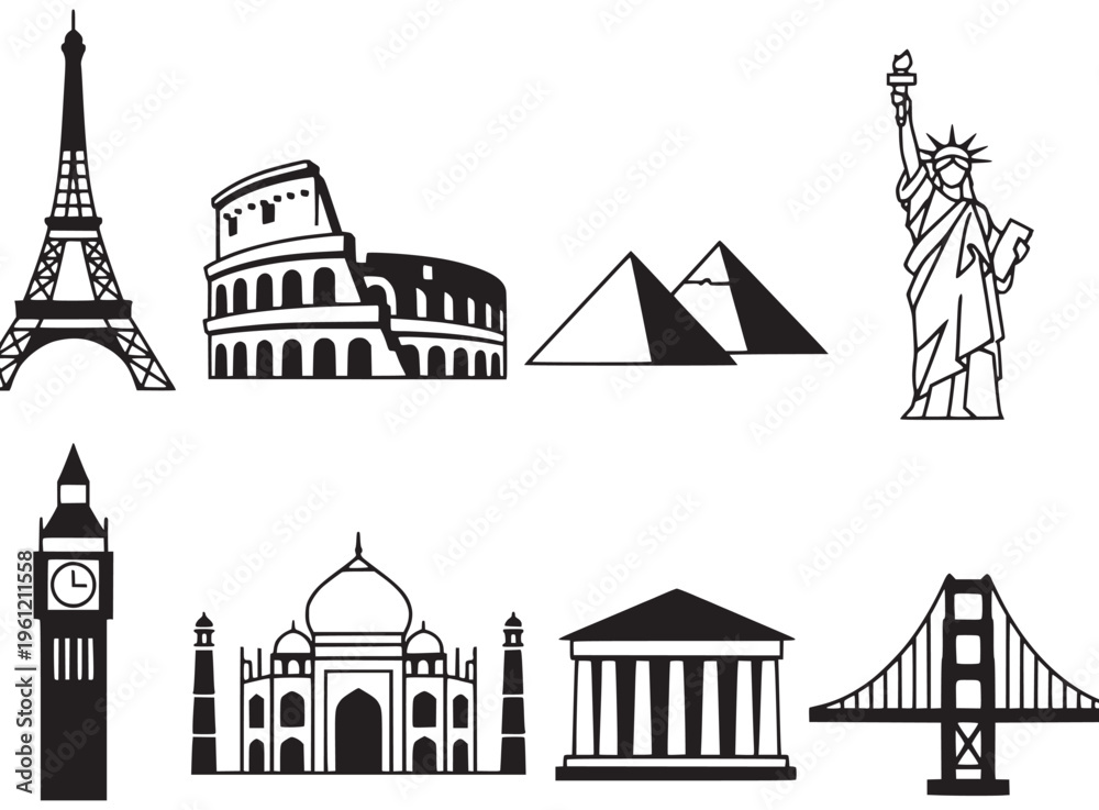 Fototapeta premium Monochrome Landmark Icons, Travel Symbols, Famous Monuments, Vector Illustrations