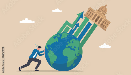 Pushing world economic forward, international investment growth or company success or world business competition concept, businessman leader push world rising central bank up graph with full effort